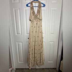 Urban Outfitters Dress Halter Top Maxi Silver Gold Embroidery Boho No Sz